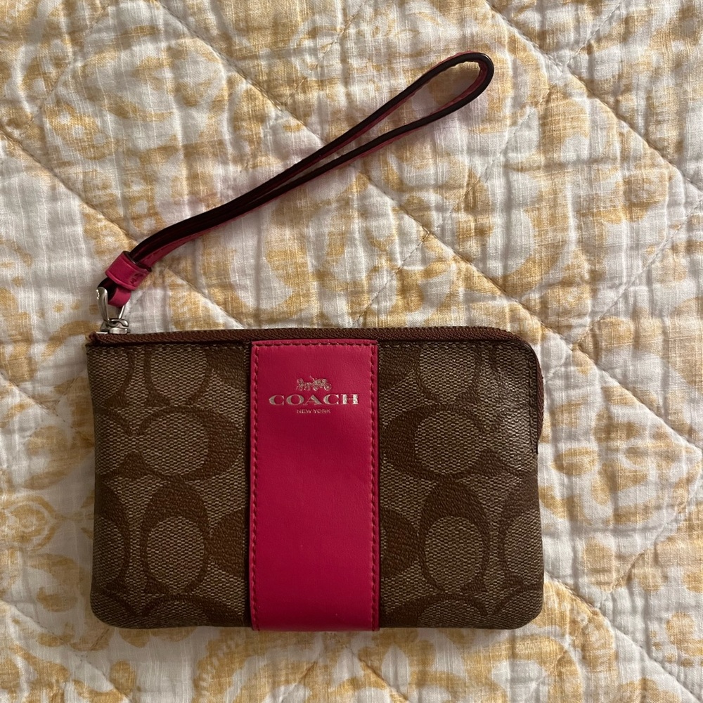 Coach Signature Brown and Pink Wristlet